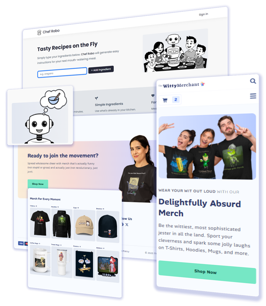 A collage of desktop and mobile mockups of Mastery Digital products, The Witty Merchant and Chef Robo