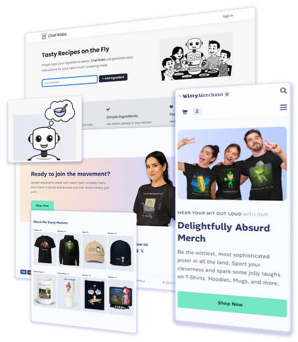 A collage of desktop and mobile mockups of Mastery Digital products, The Witty Merchant and Chef Robo
